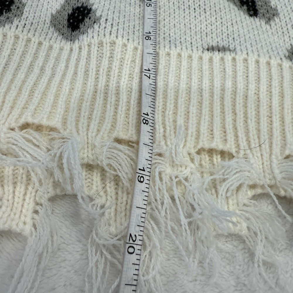 Cloud Chaser leopard print boho sweater cream black gray fringe frayed hems Med - Picture 7 of 10